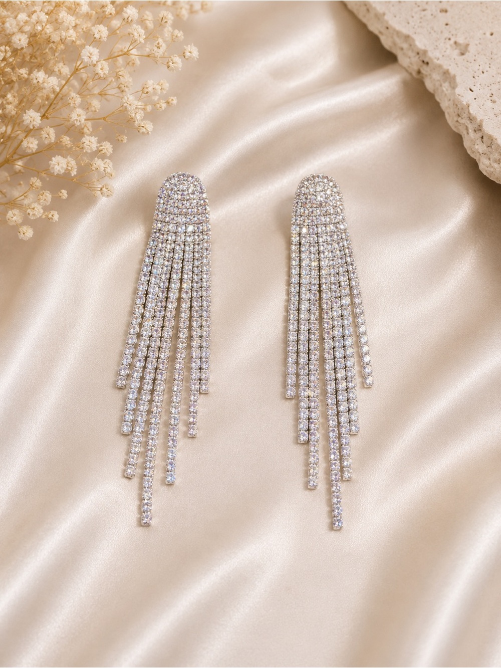Silver Rhinestone Crystal Tassel Drop Earrings | Sparkly Statement Earrings